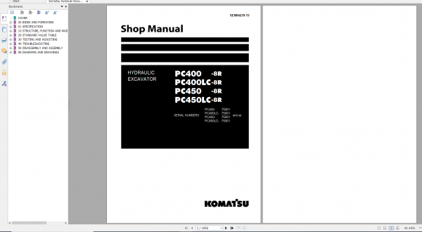 Komatsu Hydraulic Excavator PC400 8R PC400LC 8R PC450 8R PC450LC 8R Shop Manual SEN04239 15 2016