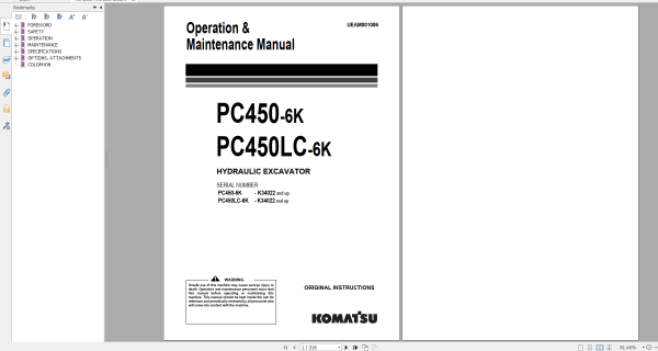 Komatsu Hydraulic Excavator PC450 6K PC450LC 6K Operation Maintenance Manual UEAM001006 2012