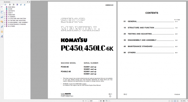 Komatsu Hydraulic Excavator PC450 6K PC450LC 6K Shop Manual UEBM001301 2001