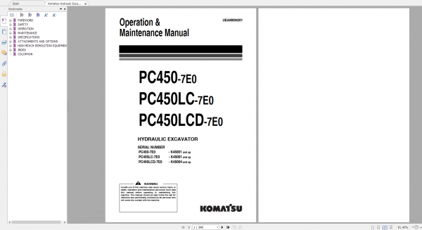 Komatsu Hydraulic Excavator PC450 7E0 PC450LC 7E0 PC450LCD 7E0 Operation Maintenance Manual UEAM005201 2006