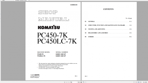 Komatsu Hydraulic Excavator PC450 7K PC450LC 7K Shop Manual UEBM002300 2004