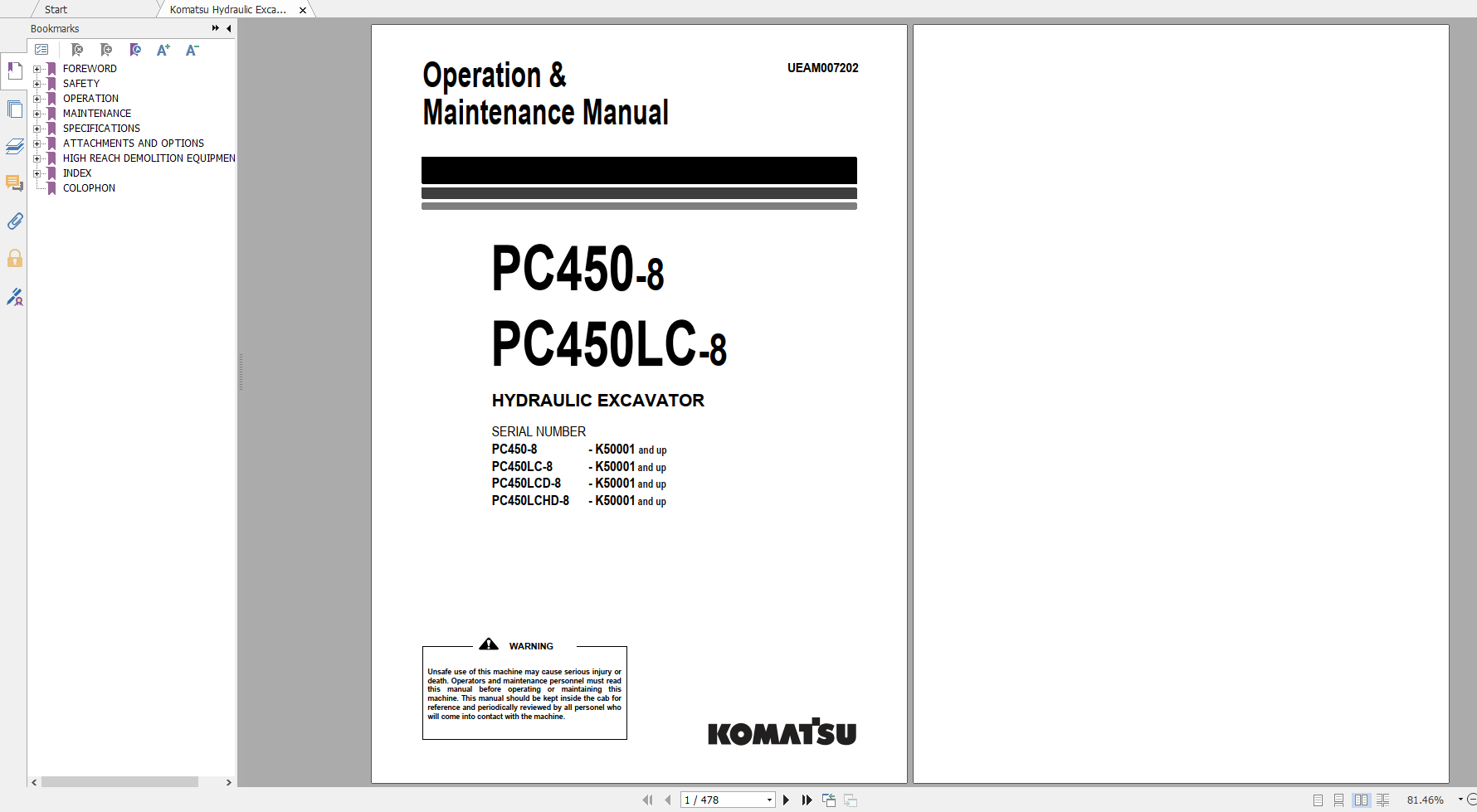 Komatsu Hydraulic Excavator PC450 8 PC450LC 8 Operation Maintenance Manual UEAM007202 2007