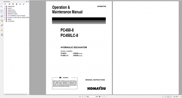 Komatsu Hydraulic Excavator PC450 8 PC450LC 8 Operation Maintenance Manual UEAM007206 2009