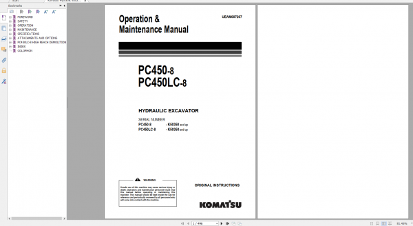Komatsu Hydraulic Excavator PC450 8 PC450LC 8 Operation Maintenance Manual UEAM007207 2009