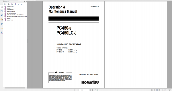 Komatsu Hydraulic Excavator PC450 8 PC450LC 8 Operation Maintenance Manual UEAM007210 2012