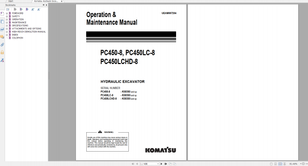 Komatsu Hydraulic Excavator PC450 8 PC450LC 8 PC450LCHD 8 Operation Maintenance Manual UEAM007204 2008