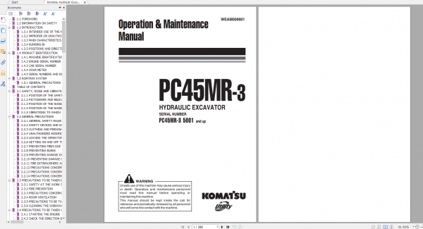 Komatsu Hydraulic Excavator PC45MR 3 Operation Maintenance Manual WEAM009901 2009