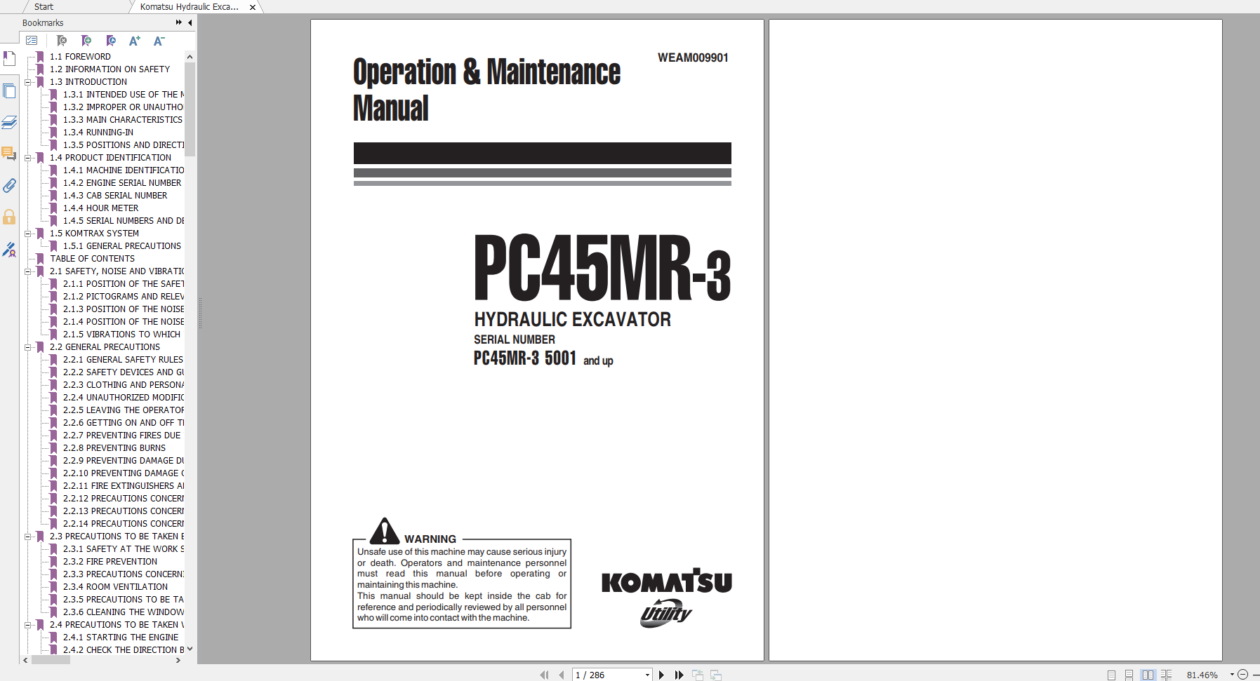 Komatsu Hydraulic Excavator PC45MR 3 Operation Maintenance Manual WEAM009901 2009