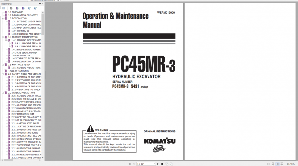 Komatsu Hydraulic Excavator PC45MR 3 Operation Maintenance Manual WEAM012000 2010