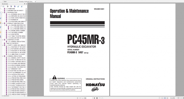 Komatsu Hydraulic Excavator PC45MR 3 Operation Maintenance Manual WEAM012001 2010