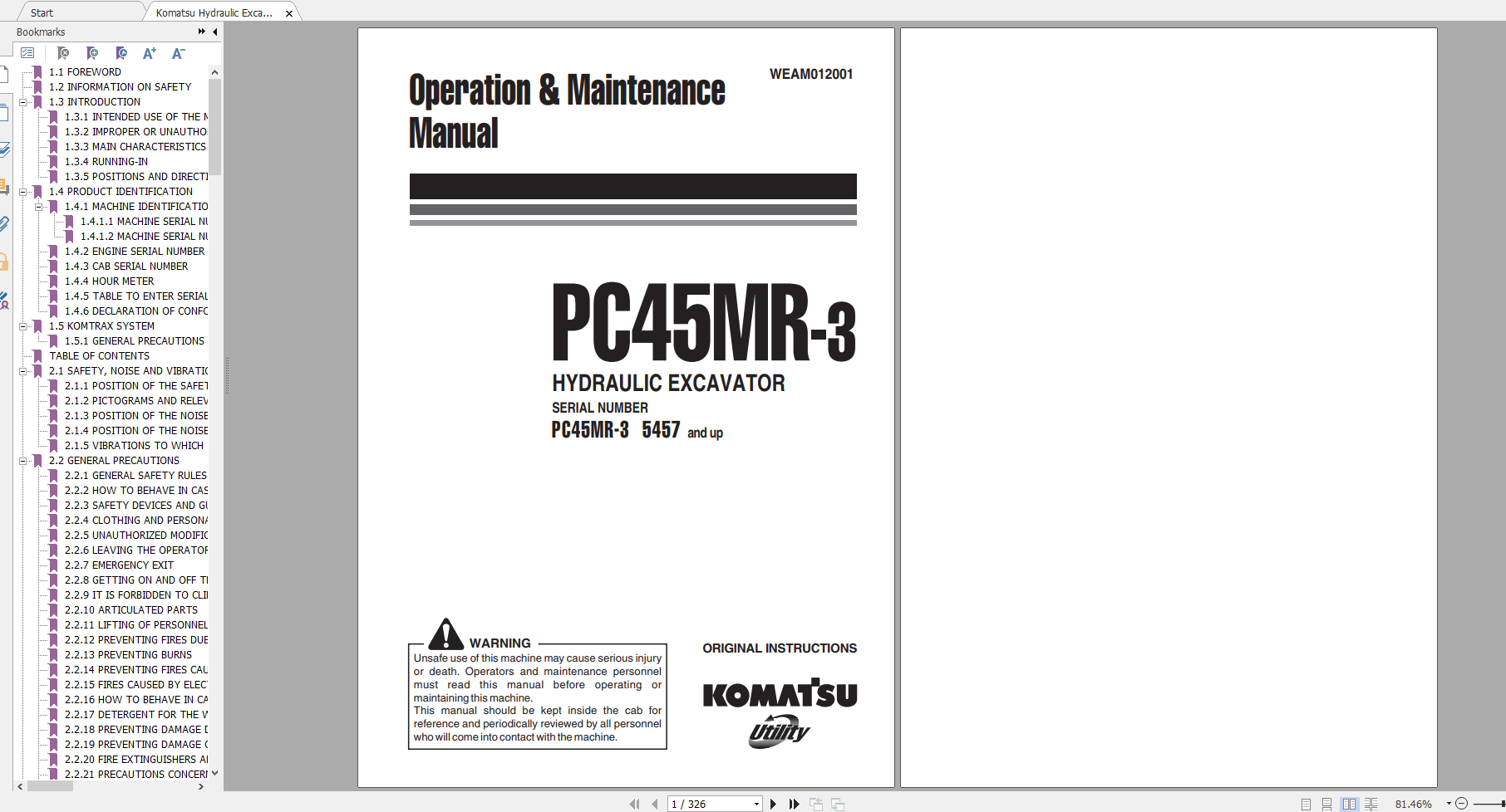 Komatsu Hydraulic Excavator PC45MR 3 Operation Maintenance Manual WEAM012001 2010