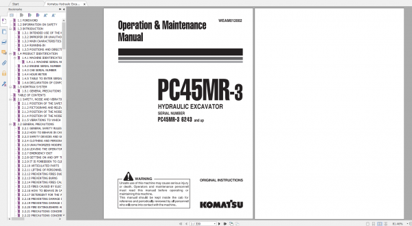 Komatsu Hydraulic Excavator PC45MR 3 Operation Maintenance Manual WEAM012002 2011