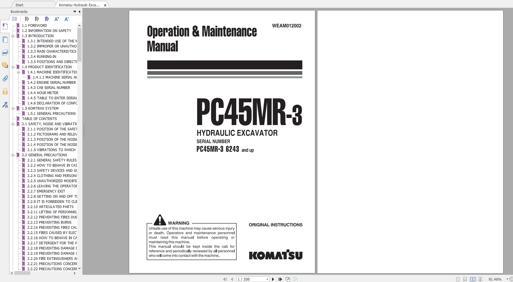 Komatsu Hydraulic Excavator PC45MR 3 Operation Maintenance Manual WEAM012002 2011