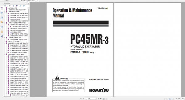 Komatsu Hydraulic Excavator PC45MR 3 Operation Maintenance Manual WEAM012603 2012
