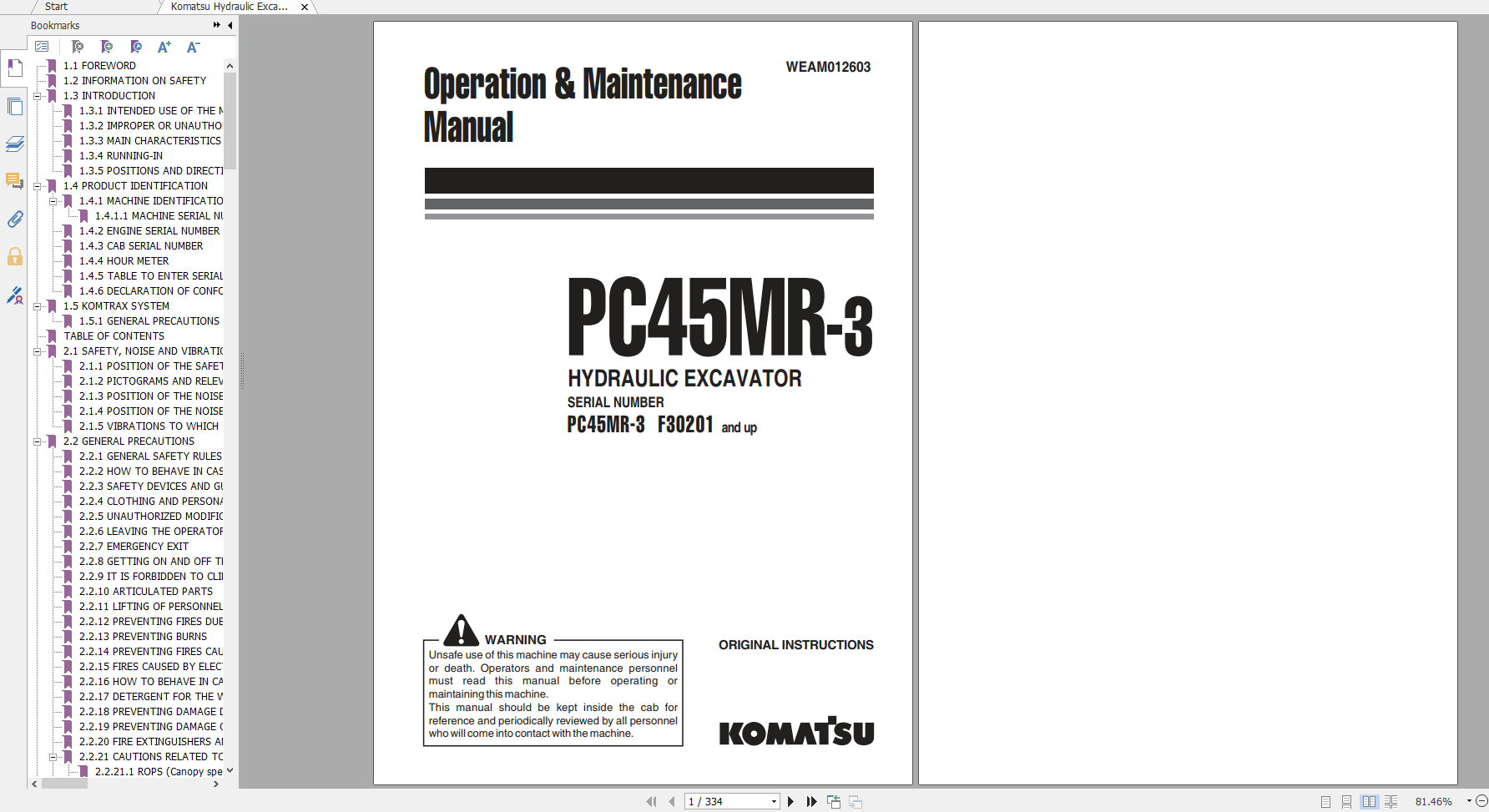 Komatsu Hydraulic Excavator PC45MR 3 Operation Maintenance Manual WEAM012603 2012