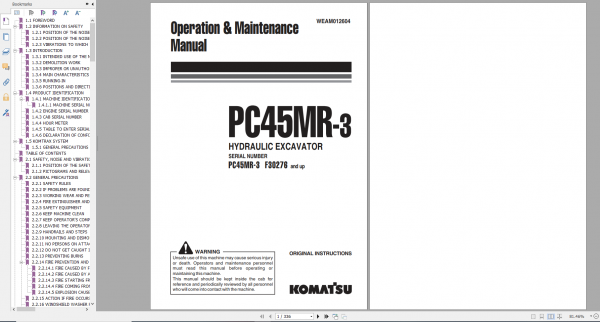 Komatsu Hydraulic Excavator PC45MR 3 Operation Maintenance Manual WEAM012604 2014
