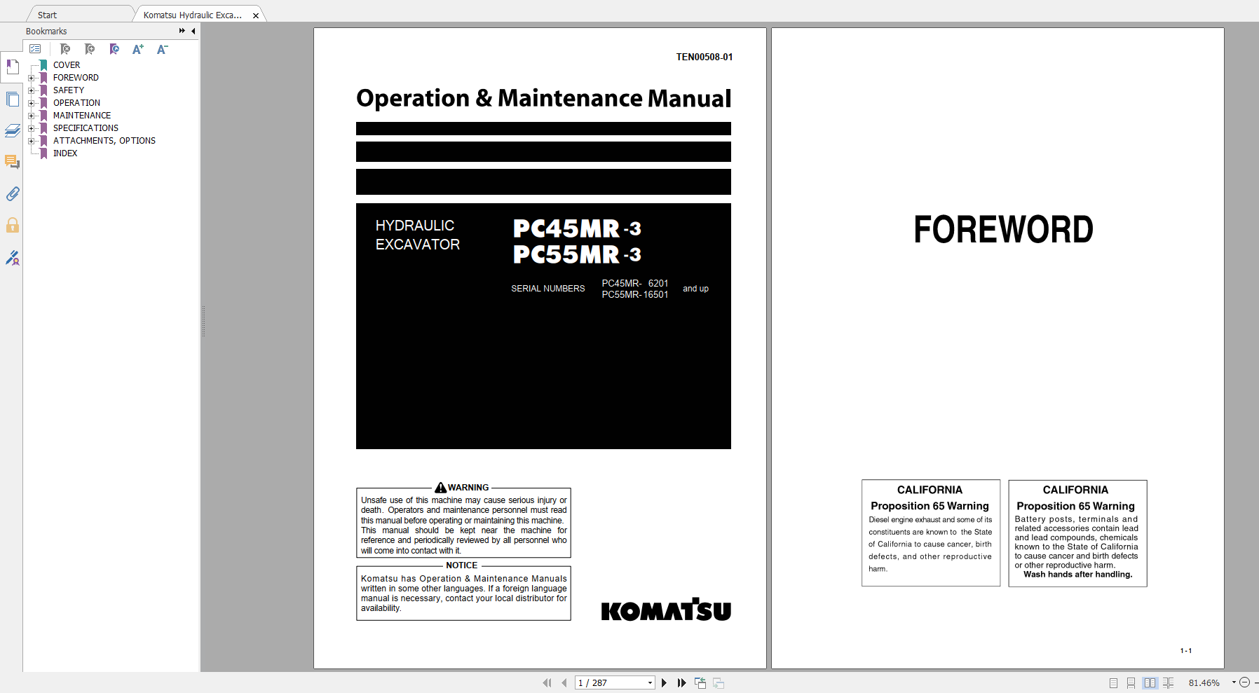 Komatsu Hydraulic Excavator PC45MR 3 PC55MR 3 Operation Maintenance Manual TEN00508 01 2011