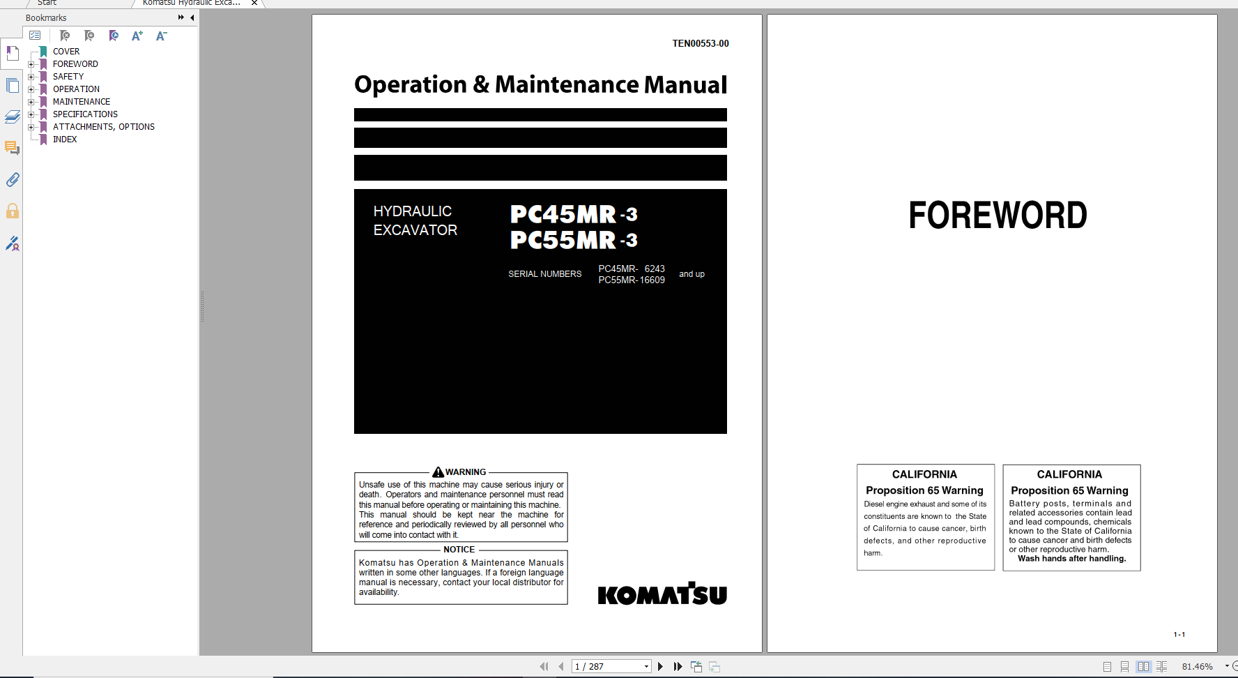 Komatsu Hydraulic Excavator PC45MR 3 PC55MR 3 Operation Maintenance Manual TEN00553 00 2011