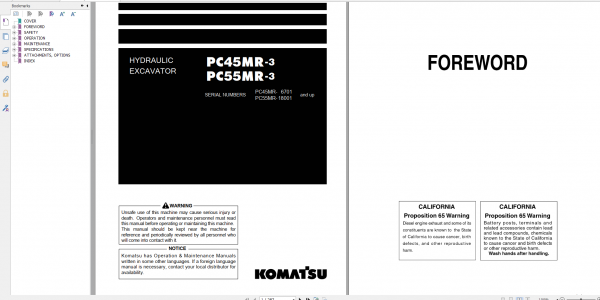 Komatsu Hydraulic Excavator PC45MR 3 PC55MR 3 Operation Maintenance Manual TEN00627 00 2013