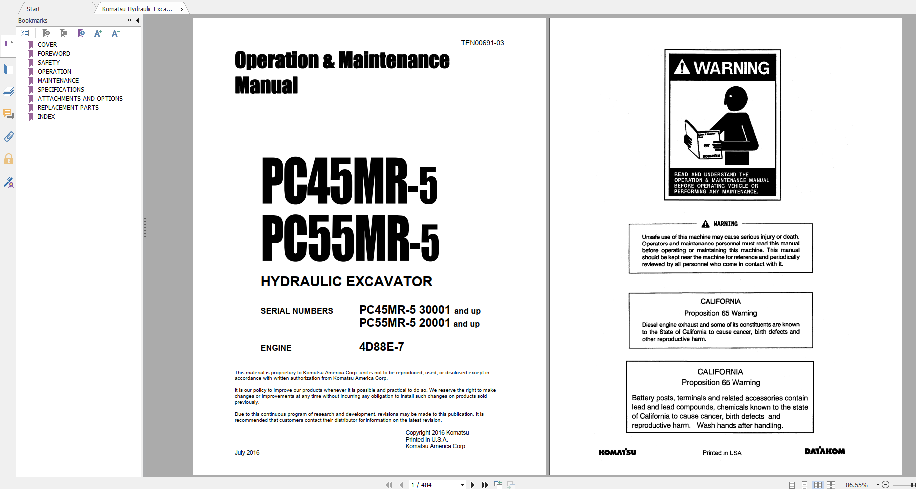Komatsu Hydraulic Excavator PC45MR 5 PC55MR 5 Engine 4D88E 7 Operation Maintenance Manual TEN00691 03 2016