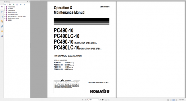 Komatsu Hydraulic Excavator PC490 10 PC490LC 10 Operation Maintenance Manual UENAM00873 2013