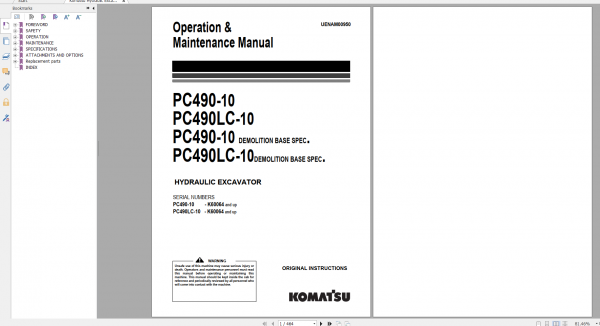 Komatsu Hydraulic Excavator PC490 10 PC490LC 10 Operation Maintenance Manual UENAM00950 2013