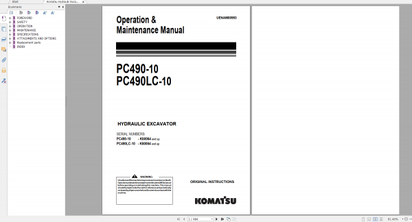 Komatsu Hydraulic Excavator PC490 10 PC490LC 10 Operation Maintenance Manual UENAM00953 2016