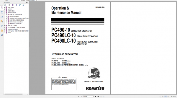 Komatsu Hydraulic Excavator PC490 10 PC490LC 10 Operation Maintenance Manual UENAM01013 2016
