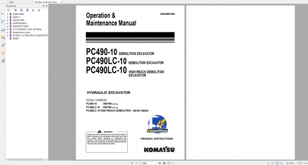 Komatsu Hydraulic Excavator PC490 10 PC490LC 10 Operation Maintenance Manual UENAM01500 2018