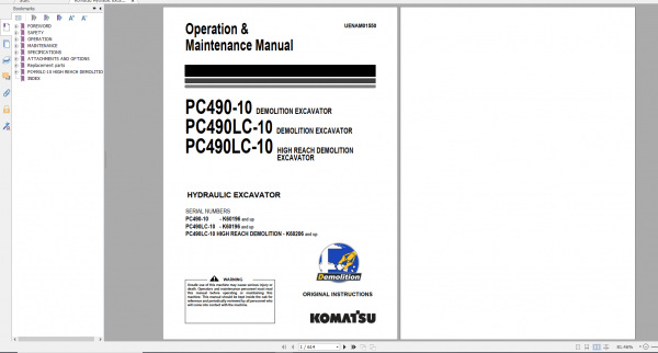 Komatsu Hydraulic Excavator PC490 10 PC490LC 10 Operation Maintenance Manual UENAM01550 2018