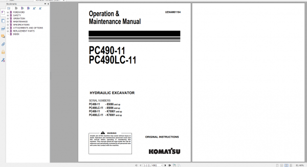 Komatsu Hydraulic Excavator PC490 11 PC490LC 11 Operation Maintenance Manual UENAM01104 2016