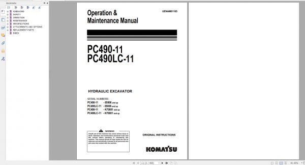 Komatsu Hydraulic Excavator PC490 11 PC490LC 11 Operation Maintenance Manual UENAM01105 2016