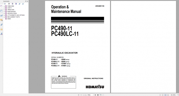 Komatsu Hydraulic Excavator PC490 11 PC490LC 11 Operation Maintenance Manual UENAM01106 2017
