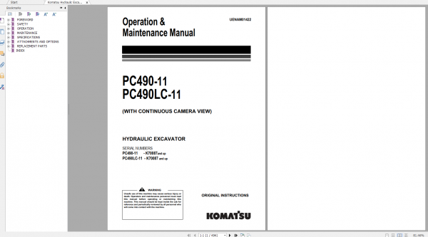 Komatsu Hydraulic Excavator PC490 11 PC490LC 11 Operation Maintenance Manual UENAM01422 2019