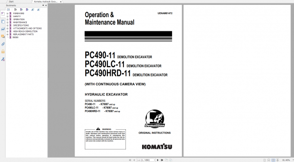 Komatsu Hydraulic Excavator PC490 11 PC490LC 11 PC490HRD 11 Operation Maintenance Manual UENAM01472 2019