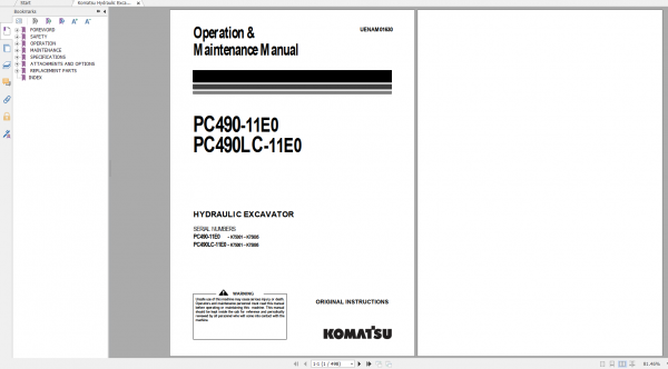 Komatsu Hydraulic Excavator PC490 11E0 PC490LC 11E0 Operation Maintenance Manual UENAM01630 2019