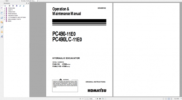 Komatsu Hydraulic Excavator PC490 11E0 PC490LC 11E0 Operation Maintenance Manual UENAM01632 2020