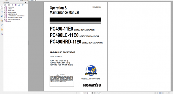 Komatsu Hydraulic Excavator PC490 11E0 PC490LC 11E0 PC490HRD 11E0 Operation Maintenance Manual UENAM01640 2019