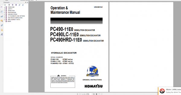 Komatsu Hydraulic Excavator PC490 11E0 PC490LC 11E0 PC490HRD 11E0 Operation Maintenance Manual UENAM01641 2019