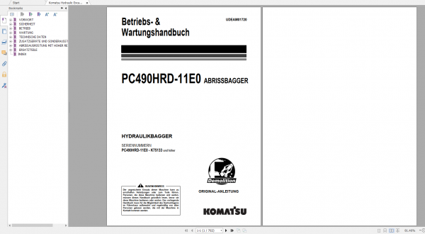 Komatsu Hydraulic Excavator PC490HRD 11E0 Operation Maintenance Manual UDEAM01720 2019 DE