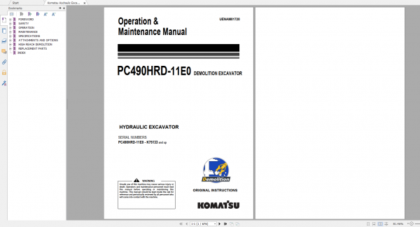 Komatsu Hydraulic Excavator PC490HRD 11E0 Operation Maintenance Manual UENAM01720 2020