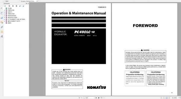 Komatsu Hydraulic Excavator PC490LC 10 Operation Maintenance Manual TEN00520 03 2015