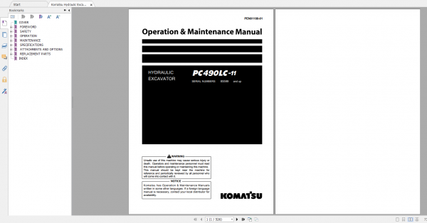 Komatsu Hydraulic Excavator PC490LC 11 Operation Maintenance Manual PEN01188 01 2019