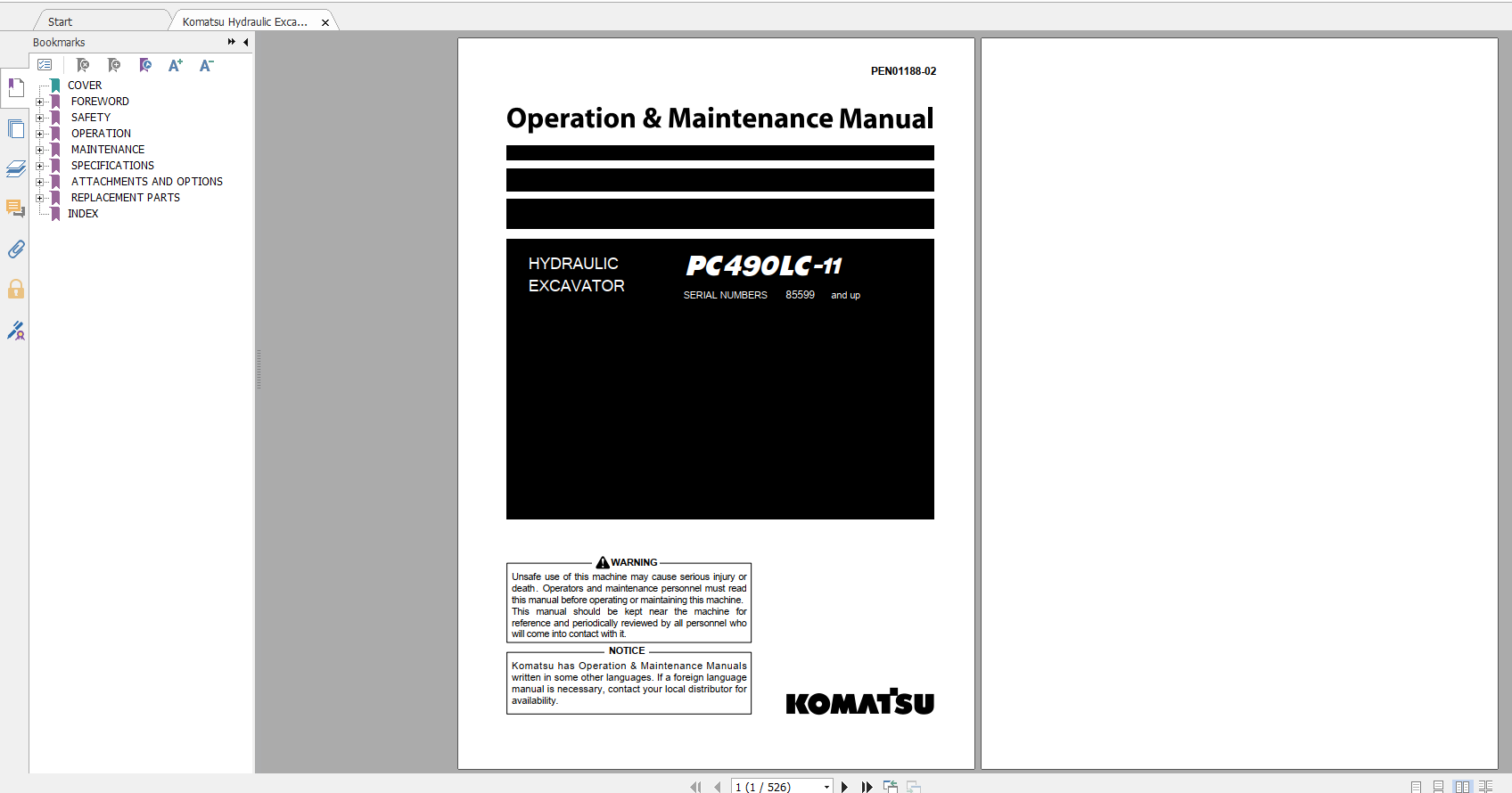 Komatsu Hydraulic Excavator PC490LC 11 Operation Maintenance Manual PEN01188 02 2020
