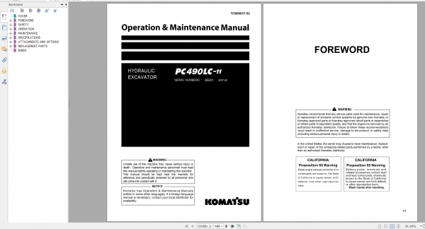Komatsu Hydraulic Excavator PC490LC 11 Operation Maintenance Manual TEN00657 02 2014