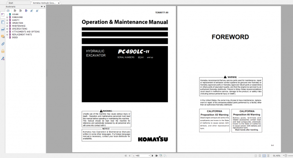 Komatsu Hydraulic Excavator PC490LC 11 Operation Maintenance Manual TEN00771 00 2016
