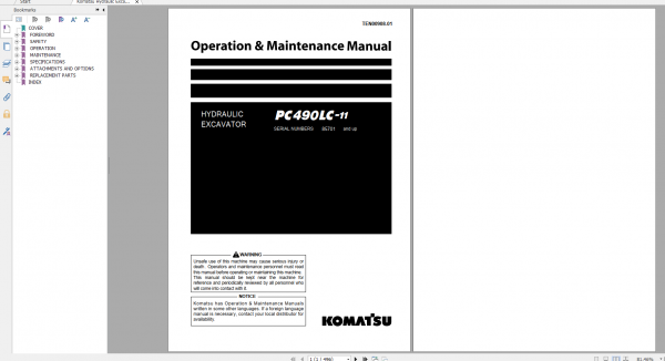 Komatsu Hydraulic Excavator PC490LC 11 Operation Maintenance Manual TEN00908 01 2020