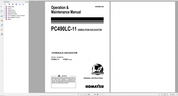Komatsu Hydraulic Excavator PC490LC 11 Operation Maintenance Manual UENAM01202 2016