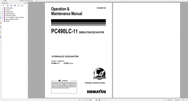 Komatsu Hydraulic Excavator PC490LC 11 Operation Maintenance Manual UENAM01203 2017