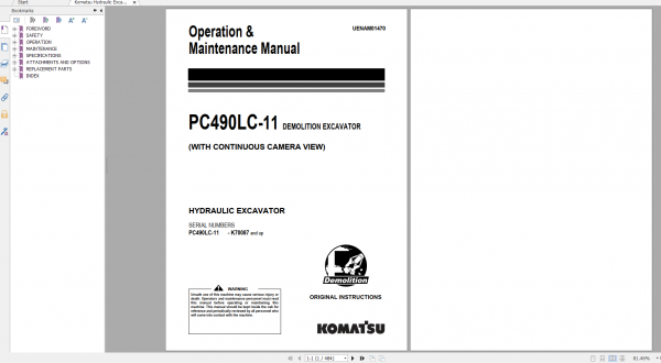 Komatsu Hydraulic Excavator PC490LC 11 Operation Maintenance Manual UENAM01470 2018